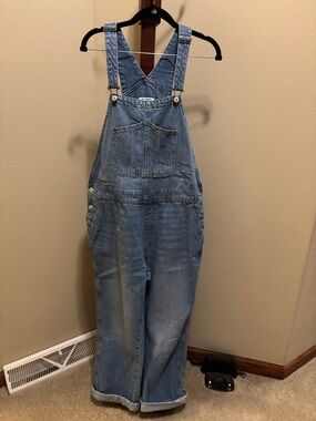 Old Navy Blue Denim Overalls with Gold Stitching